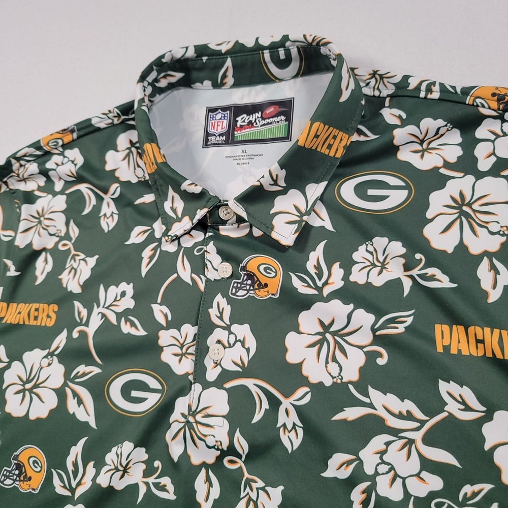 Reyn Spooner Men Packers Hawaiian Polo Shirt XL Green Floral NFL Green Bay